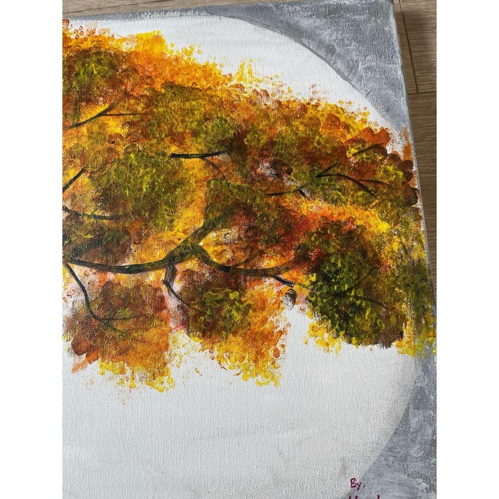 Acrylic Canvas Painting Lonely Autumn Yellow Green White H x 16 ,‎ W x 20 Inches - Picture 4 of 8
